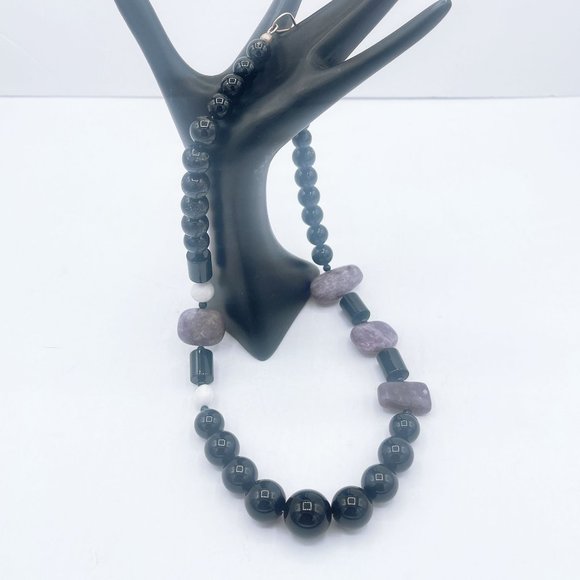 Black White Levander Natural Stones Beads Necklace Medium - Picture 2 of 7